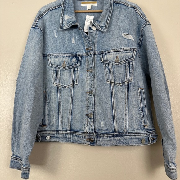 Maurices Women's 1X Denim Jacket Blue Distressed Button Front Trucker NEW - Picture 4 of 13